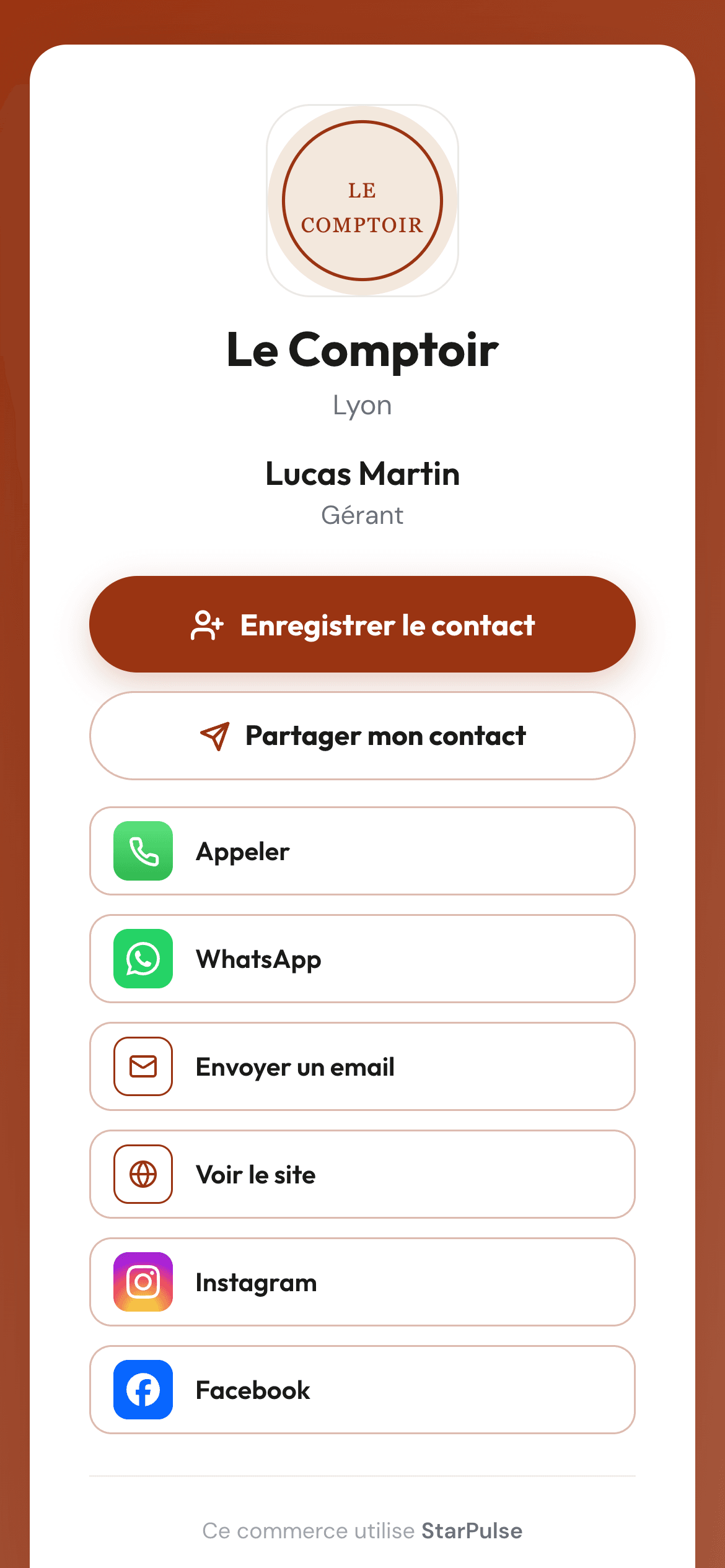 La carte de visite du Comptoir : Lucas Martin, gérant, Enregistrer le contact, Appeler, WhatsApp, email, site, Instagram, Facebook