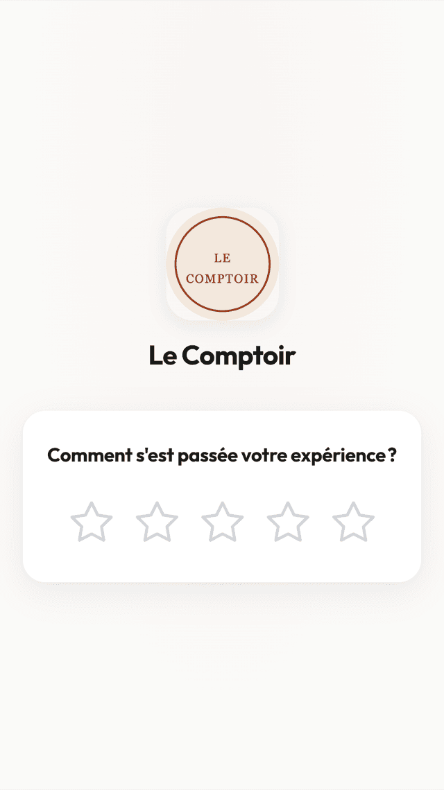 La page du client : Le Comptoir, et cinq étoiles pour noter