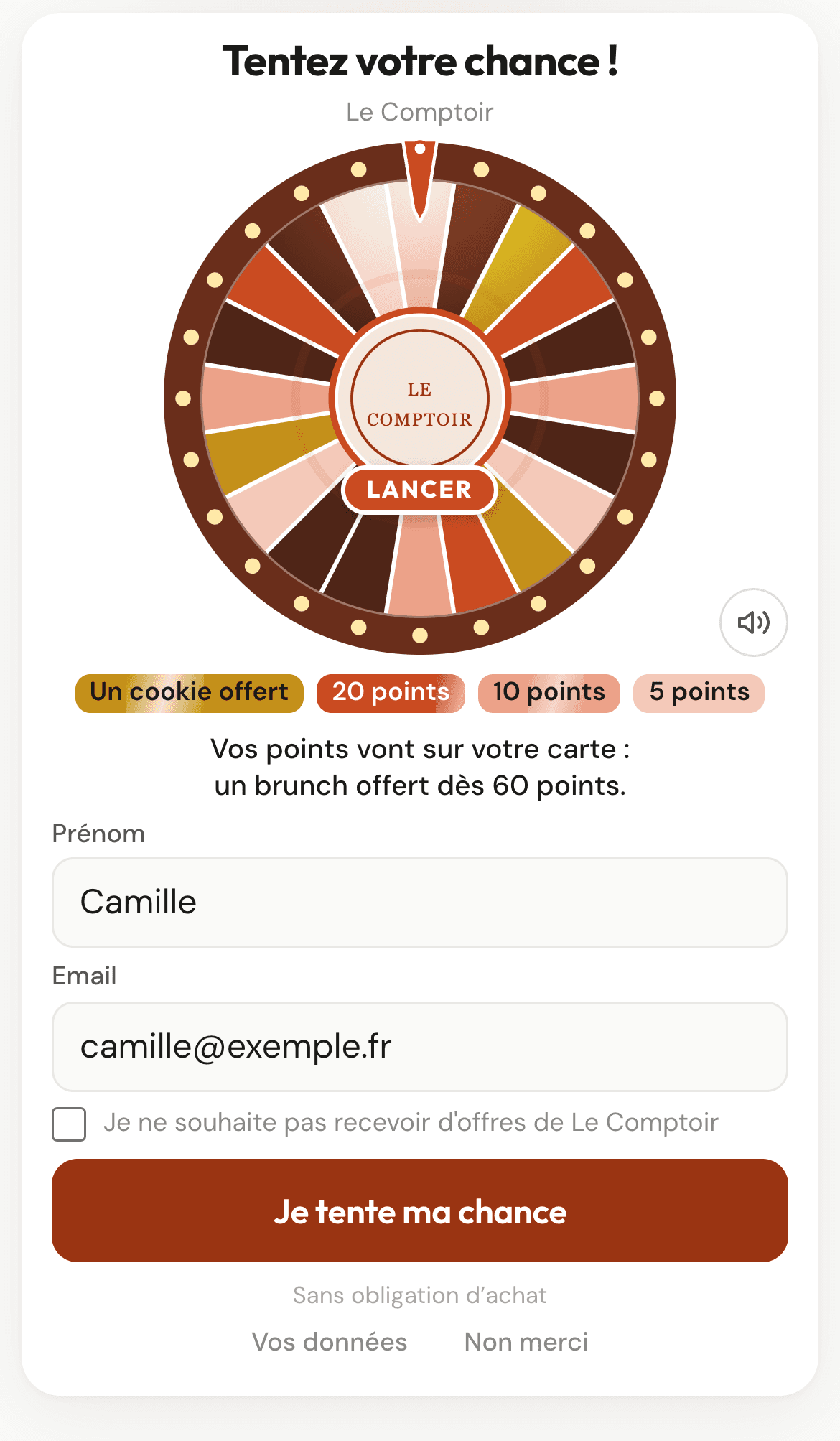 Le jeu concours du Comptoir : la roue, les lots, et le bouton Je tente ma chance