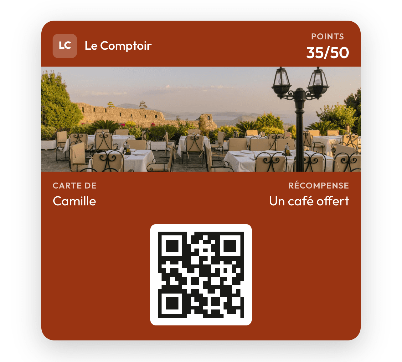 La carte du Comptoir dans Apple Wallet : 35 points sur 50, un café offert